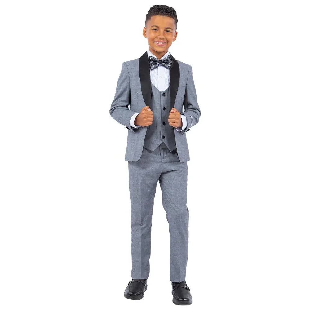 Stacy Adams Boys Mid Gray Tuxedo Set, 5-Piece Black Shawl Collar - Picture 5 of 5
